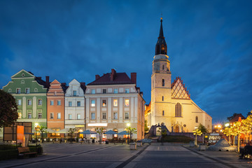 Boleslawiec, Poland. Basilica of the Assumption of the Blessed Virgin Mary and St. Nicholas at dusk