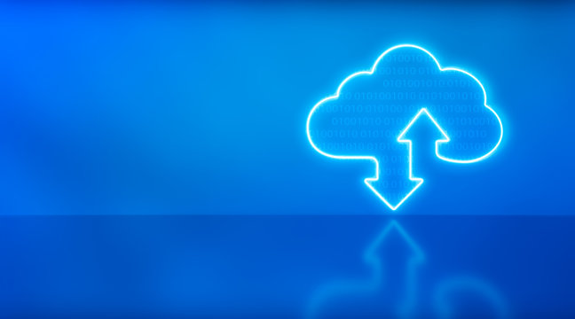 Armor cloud storage sign with two up and down arrows in blue with reflection background. Cloud technology. 3d rendering - illustration.