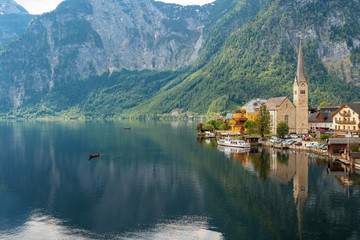 Scenic view of the mountain village Hallstatt, Salzkammergut region, Austria, with 