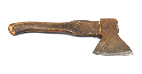 Old rusty hatchet ax with wooden handle isolated on white background
