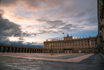 Fototapeta na wymiar Royal Palace of Madrid, Spain, at sunset without people.