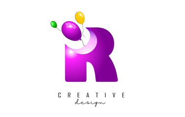 R Letter Logo with flying colorful balloons and 3d Effect Vector Illustration.