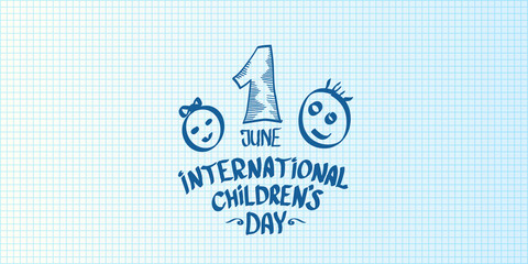 1 june international childrens day cartoon doodle style horizontal banner background. happy Children day greeting cad, icon or label. Cartoon kids day poster. Children day hand drawn banner design