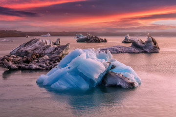 Wonderful nature landscape of Iceland. Icebergs on Jokulsarlon glacier lagoon with Vatnajokull...