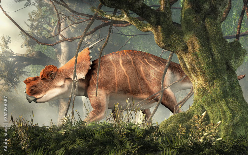 Poster achelousaurus was a cretaceous era dinosaur. a cousin of triceratops, it had two curved spikes on it