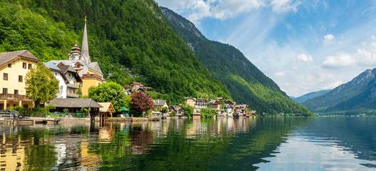 Scenic view of the famous mountain village Hallstatt in the Salzkammergut region, O&Ouml;, Austria, seen from Lake Hallstatt