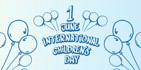 1 june international childrens day cartoon doodle style horizontal banner background. happy Children day greeting cad, icon or label. Cartoon kids day poster. Children day hand drawn banner design