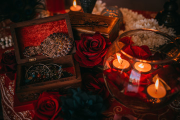 indian still life with candles and decorations