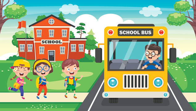 Happy Children And School Bus