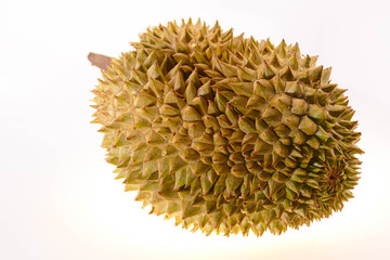 Naklejka na ściany i meble The fruit is regarded as the king of fruits with a sweet taste and intense smell in a spiny bark. The name is called durian on a white background.