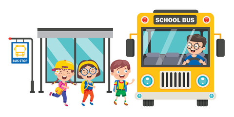 Happy Children And School Bus