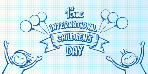 1 june international childrens day cartoon doodle style horizontal banner background. happy Children day greeting cad, icon or label. Cartoon kids day poster. Children day hand drawn banner design
