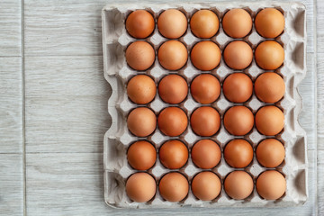 Whole brown chicken eggs in paper egg tray