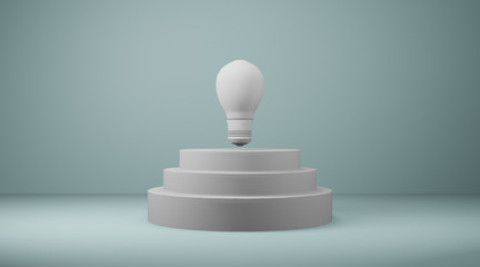 3d illustration light bulb on three step white podium platform in pastel background.light bulb on three steps podium.