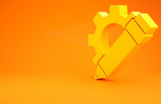 Yellow Pencil and gear icon isolated on orange background. Creative development. Blogging or copywriting concept. Minimalism concept. 3d illustration 3D render