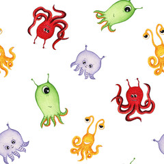 Hand drawn watercolor seamless pattern with cute monsters. Cartoon fantasy characters isolated on white background.