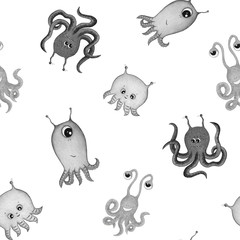 Hand drawn watercolor seamless pattern with cute monsters. Cartoon fantasy characters isolated on white background.