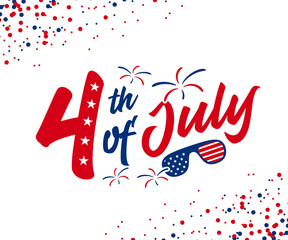 4th of July hand-lettering design with red & blue color burst, firework, and American goggles. Use for July independence day greeting, postcard, discount banner, etc. vector illustration.
