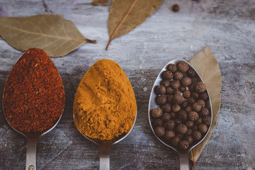 spices on iron spoons on a dark background