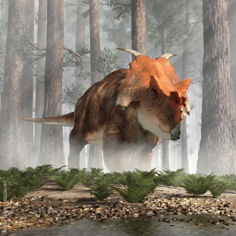 Poster achelousaurus was a cretaceous era dinosaur. a cousin of triceratops, it had two curved spikes on it
