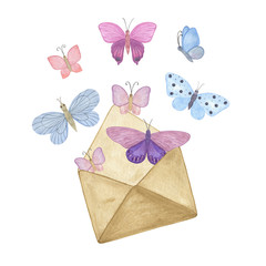 Colorful pink, blue, violet butterflies flying out of beige open vintage envelope, watercolor illustration of hand drawn insects romantic clipart for cards, invitations, textile or any design purposes