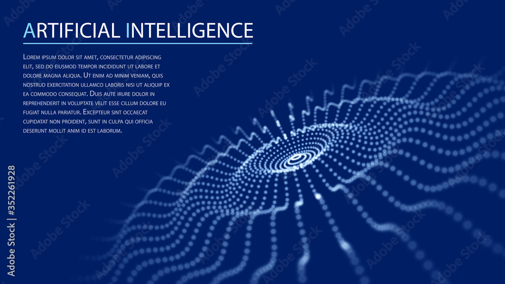 Leinwandbilder Artificial intelligence. Digital wave of particles. Big data visualization. Technology background of many glowing particles. Futuristic blue dots background.