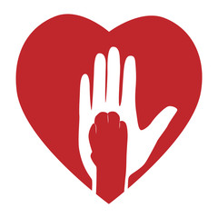 Silhouette of a man's hand and cat paw in heart. Paw of a pet lies on a man s hand. Friendship with pets, caring for them. Vector illustration © Elena