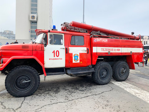 Vladivostok, Russia, March, 01,2020. Fire engine in front of the government building of Primorsky region. The city of Vladivostok