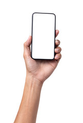 Hand man holding mobile smartphone with blank screen isolated on white background with clipping path