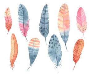 Watercolor boho feathers isolated on white background. Hand painted vintage feathers set perfect for wedding invitation, cards, birthday design. 