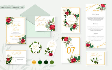 Wedding floral golden invite card save the date design with red flower roses and green leaves wreath and frame. Botanical elegant decorative vector template in watercolor style