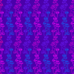 Fototapeta na wymiar Vector seamless colorful pattern with green and purple lined bioluminescent mushrooms or fungi in dark tones. Design with jellyfish. The design is perfect for wallpaper, clothes, 