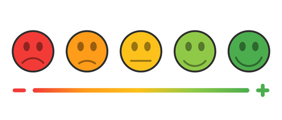 Feedback in form of emotions. Emotions Range Vector Icon. Five kinds of customized: excellent, good, normal, bad, terrible. Rating satisfaction.