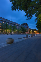 Krakow. Historical Communist architecture of Nowa Huta, Central Square by night
