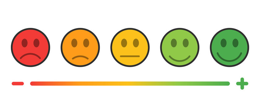 Feedback in form of emotions. Emotions Range Vector Icon. Five kinds of customized: excellent, good, normal, bad, terrible. Rating satisfaction.