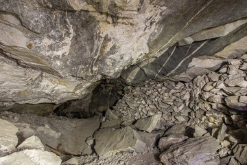 Underground abandoned mica ore mine tunnel collapsed