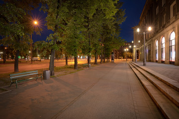 Krakow. Historical Communist architecture district of Nowa Huta by night