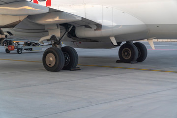 Airplane wheels standing at terminal for discharge on grey ground with copy space. 
