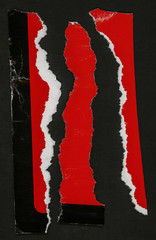 real scan of red torn paper strips or snips isolated on black paper background.