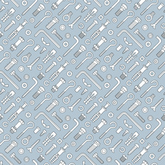 Seamless pattern of fasteners. Bolts, screws, nuts, dowels and rivets in doodle style. Hand drawn building material. Vector illustration on gray background