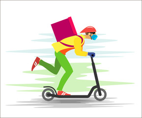 Courier in a mask and gloves on a scooter with a box rides fast