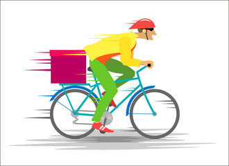 courier on a bicycle with a box rides fast