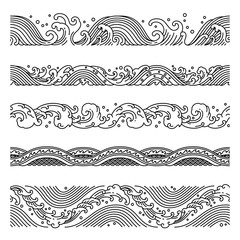 Water wave line art seamless patterns vector. Border frame endless isolated collection for decoration.