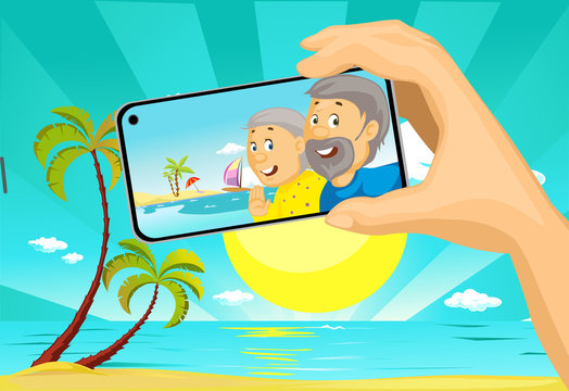 Senior Couple Make Selfie Photo with Mobil Phone from the Beach Tropical Holiday - Vector Illustration with Background