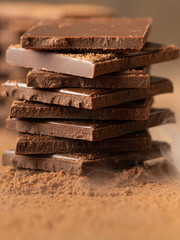 Pieces of dark chocolate bars against a background of cocoa powder and smoke. Vertical format, close up