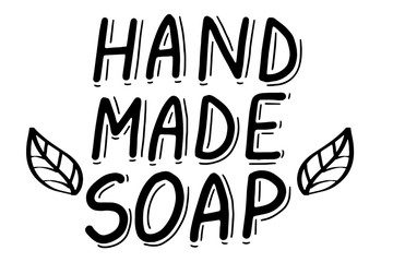 Handmade soap logo. Hand made needlework doodle logo, badges, sticker. Lettering calligraphy icon. Vector eps handwritten brush trendy black text isolated on white background.