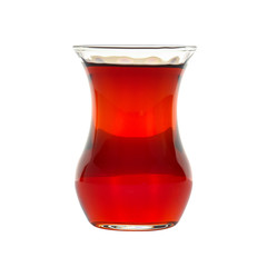 Turkish Tea in traditional glass. Turkish Tea glass with thin waist. Isolated white background. Clipping Path.