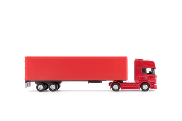 Red long truck with a trailer isolated on white background with clipping path