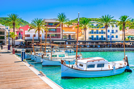 Boats at pier of beautiful town of Port de Andratx on Majorca island, Spain Mediterranean Sea. 