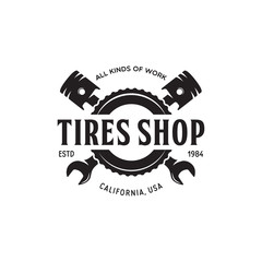 Vintage monochrome car repair service template, emblem, label, badge, logo. Service station auto parts tires shop mechanic on duty.